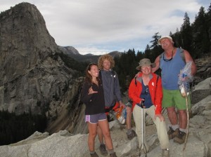 Kali, Michael, Lisa, and Joe, with Nevada Fall and Liberty Cap to the left